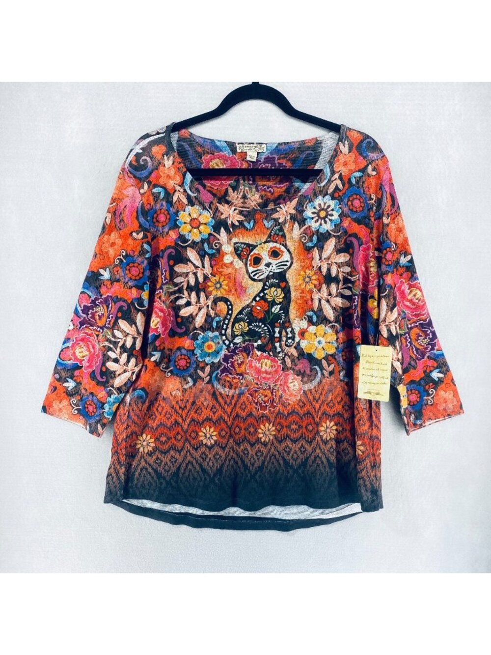 Energe World Wear Top Womens XL Multicolor 3/4 Sleeve Blouse Cat Halloween NWT